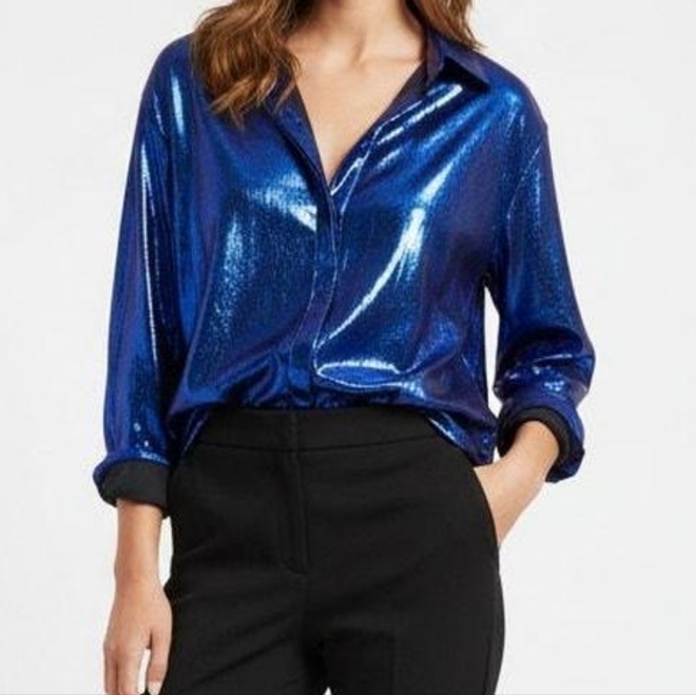 Anthropologie Metallic Blue Button-Down Shirt